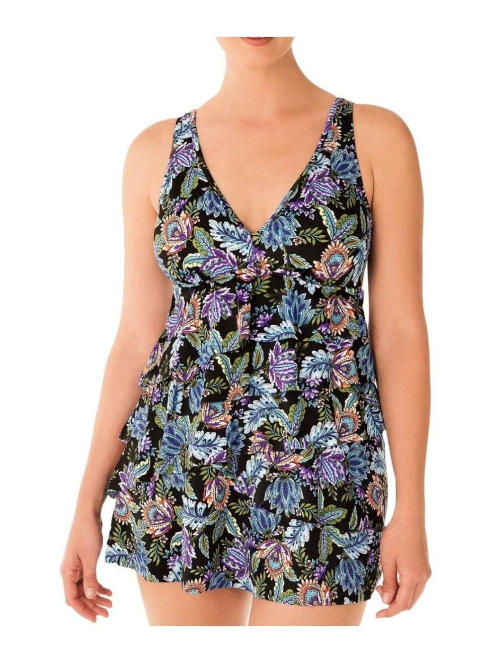 Swim Solutions Floral V-Neck Tummy Control Ruffle Swimdress Women's Size 10 NWT!